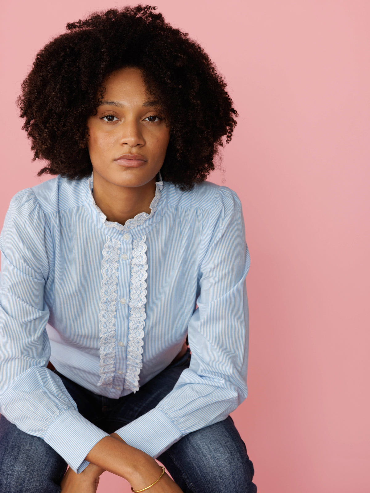 Hazel striped cotton blouse with embroidered frill