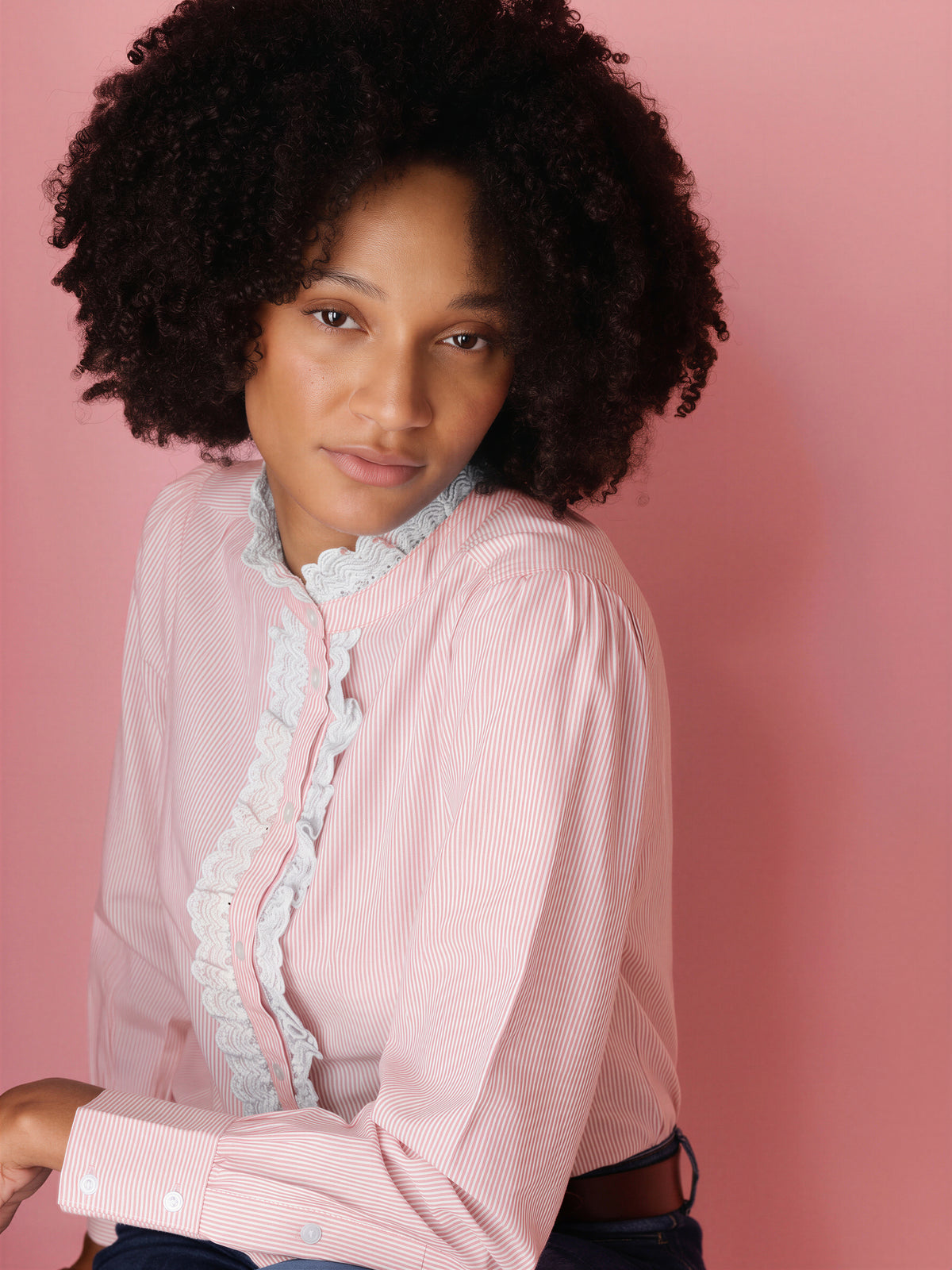 Hazel striped cotton blouse with embroidered frill